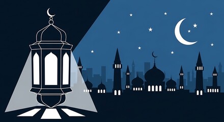 Ramadan lantern and mosque silhouette under starry night sky with crescent moon, symbolizing islamic holy month celebration and tradition