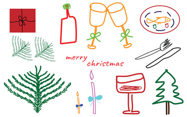 Hand drawn Christmas doodle collection with wine glasses, candles, gift box, and festive decorations, Colorful holiday doodle set with Christmas tree, candles, wine, and dinner celebration elements
