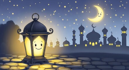 A cute, smiling lantern glows warmly at night with a crescent moon and silhouetted mosque in the background, evoking a festive and spiritual atmosphere