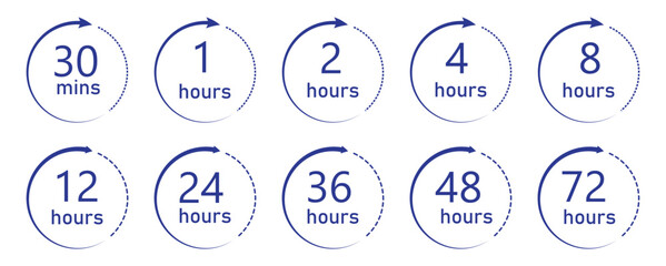 Hour timer icon set. 1, 2, 4, 8, 12, 24, 36 48, 72 hours timer clock icon vector collection. vector icon Illustration . Delivery service, service time. Countdown time. 