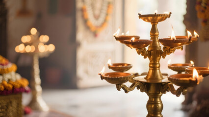 Brass lamp stand with multiple burning diyas, temple ambiance