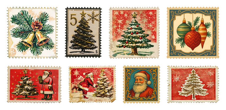 PNG Vintage festive postage stamps collection, element set on transparent background