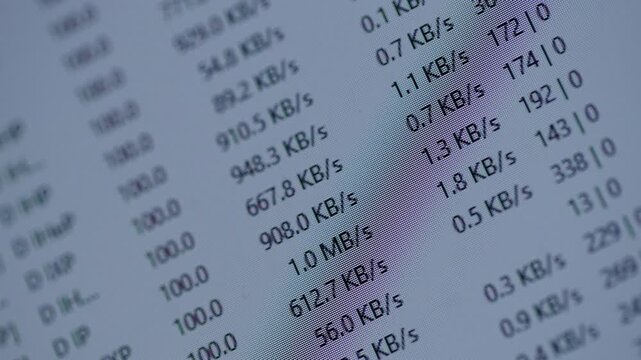 Computer screen showing real-time upload and download speeds for multiple files in kbs, visualizing active internet connections, bandwidth usage, network file transfers. Concept of internet technology