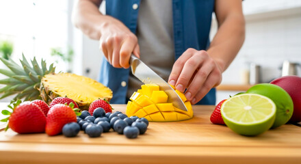 Man cutting fresh mango fruits  on a wooden board for a healthy lifestyle
