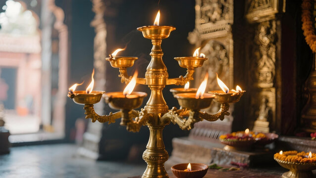 Brass lamp stand with multiple burning diyas, temple ambiance