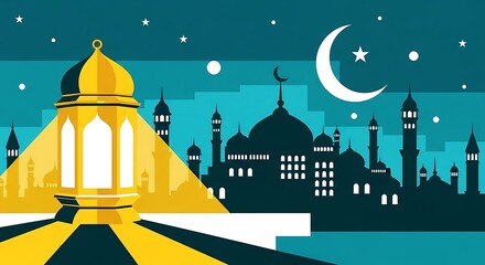 A beautiful islamic mosque silhouette against a starry night sky with a crescent moon, evoking a sense of peace and spirituality during ramadan or eid celebrations