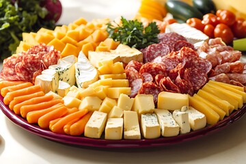 A colorful platter bursting with assorted cheeses, meats, and fresh vegetables on display during a vibrant daytime gathering, inviting indulgence.