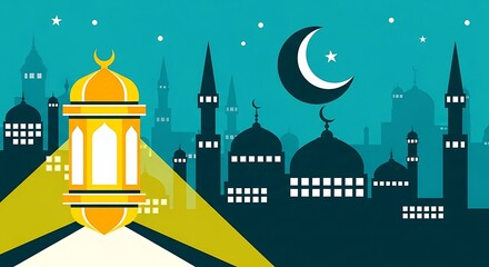 Ramadan lantern and crescent moon illuminating a mosque silhouette against a starry night sky, symbolizing islamic celebration and spirituality