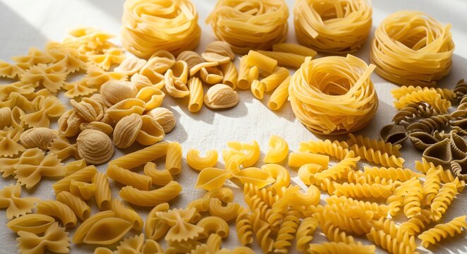 Various uncooked pasta shapes arranged on cloth