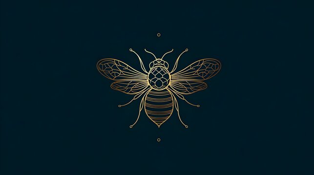 Elegant bee silhouette logo with thin lines, gold on dark background. Concept:  Branding, luxury logo design, intelligence and creativity symbolism, minimalism, modern and premium brand identity.
