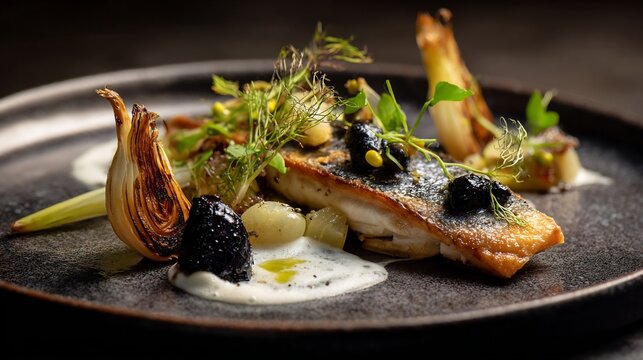 Modern Turkish grilled seabream fillet black garlic aioli roasted fennel and olive oil foam luxury fine dining food photography left to right plating style