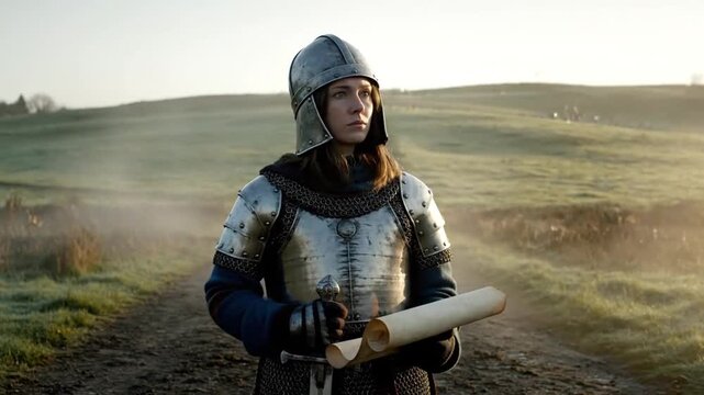 A woman in a medieval costume is holding a scroll
