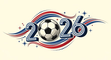 The year 2026 is represented with a soccer ball in the center, surrounded by abstract wavy lines in red and blue, symbolizing a sporting event