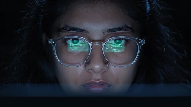 eyewear reflection on screen. face and eye lit by monitor glow. computer display creates glare. portrait framed in low light. concentrated gaze toward display. ambient dark adds contrast and depth.