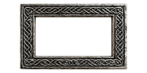 A weathered rectangular frame, etched with intricate Celtic knotwork patterns. Looks old
