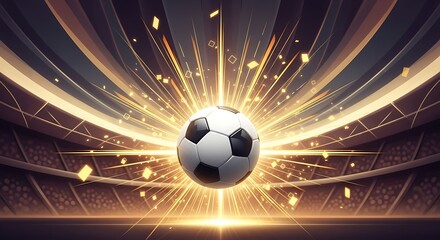 A soccer ball exploding with light and energy in a stadium, symbolizing a powerful goal or victory in a championship match