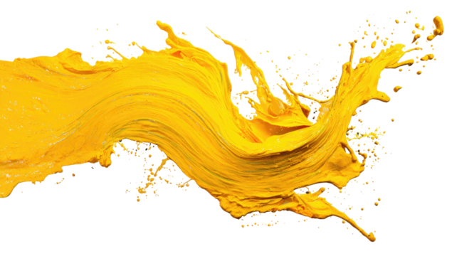 A vibrant splash of yellow paint, captured mid-air against a stark black background - Powered by Adobe