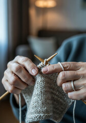 室内の柔らかな灯りの下、毛糸と棒針で編み進める手元のクローズアップ。ふっくらした編み目のテクスチャが際立つ、ハンドメイドの温かさと集中する時間を伝えるクラフト・編み物のライフスタイルイメージ