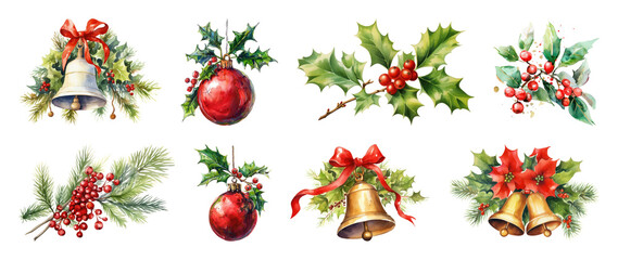 PNG Festive holiday decorations with holly, element set on transparent background