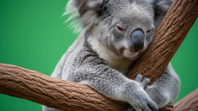 A gray koala peacefully sleeps, resting its head on a brown tree branch against a vibrant green background.