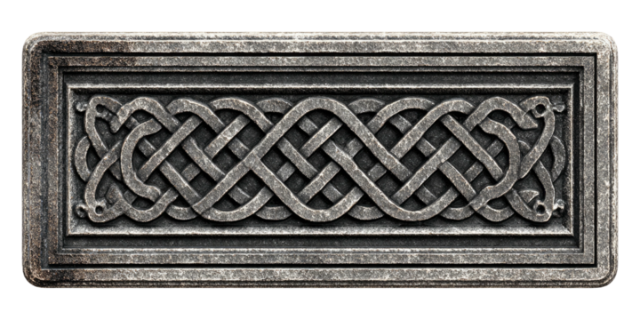Intricate rectangular relief carving featuring a repeating Celtic knot design in weathered stone