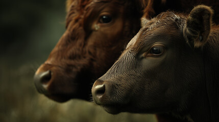Fototapeta premium Portrait of adult cow and calf side by side, highlighting fur texture and calm expressions. Ideal for editorial, agriculture, animal anatomy, or nature photography themes.