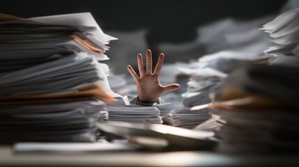 Overwhelmed Office Worker Reaches Through Stacks Of Paper And Piles Of Documents In Chaos