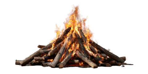 A towering pile of burning logs emits vibrant flames against a stark black background