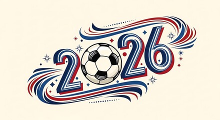 The year 2026 is creatively represented with a soccer ball in the center, surrounded by dynamic, swirling lines and stars in red, white, and blue