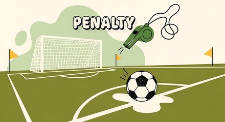 Soccer penalty kick concept with a soccer ball on the penalty spot, a whistle blowing, and a goal in the background, illustrating a sports game decision