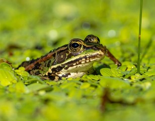 Fototapeta premium A close-up of a green frog with dark stripes sits in a pond covered in bright green plants, with intense focus on its big eyes