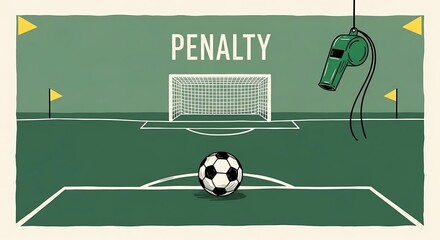 Soccer penalty kick situation with a ball on the field, a goal, and a referees whistle hanging above, representing a game moment