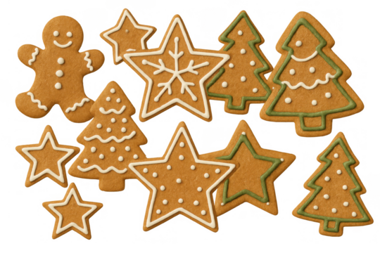 Gingerbread cookies collection with stars, christmas trees, and gingerbread man, festive holiday baking dessert