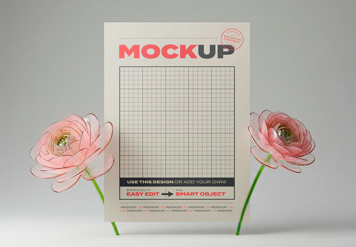 Floating Poster Mockup with Glass Flowers