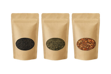 Selection of loose leaf teas in kraft paper pouches on black