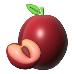 Red Plum with a Slice Showing Pink Flesh and Pit Cavity fruit