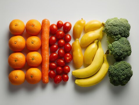Minimal top-down grid of oranges, carrot, cherry tomatoes, yellow peppers, bananas, and broccoli aligned by color and shape.