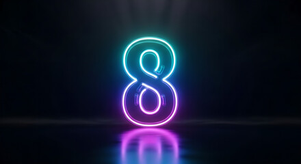 Fototapeta premium Neon Number Eight Blue Purple Gradient Dark Background Copy Space