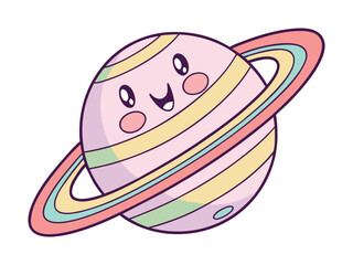 Cute Cartoon Planet With Colorful Rings And Tiny Stars Illustration
