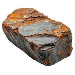 Close up of a rectangular rock with rust colored and gray textures transparent background, png