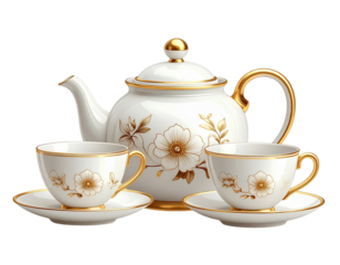  Elegant Decorative Teapot and Teacups with Golden Floral Design, Isolated on transparent Background PNG