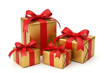 Fototapeta premium A collection of four golden gift boxes tied with bright red ribbons and bows, presented as holiday presents, isolated on a white background