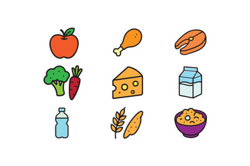 Healthy Dietary Elements Vector Icons Set Nutrition, Vitamins, and Food Nutrient Illustration Collection.