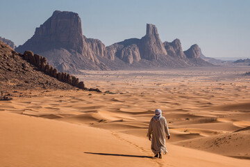 Desert landscape, sand dunes and rocky mountains sunset. Dramatic view sahara. Red Mars like landscape. beautiful rock formations. Orange red sand desert, rocky formations and mountains background.