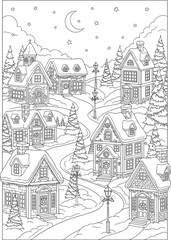 Obraz premium Winter Village Scene Cozy Houses, Snow-Covered Roofs, Crescent Moon, Starry Night for Coloring Fun
