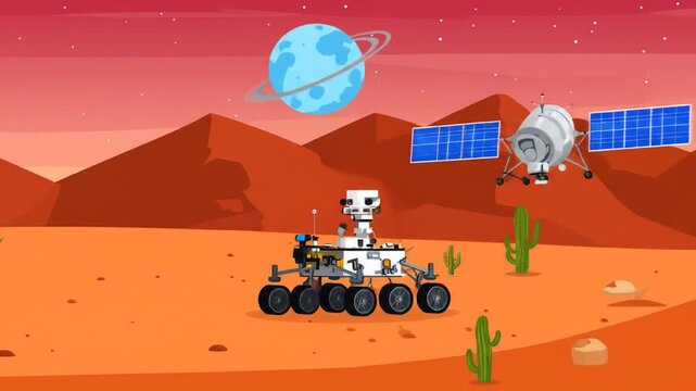 Pixel Art Martian Landscape With Rover Spaceship And Distant Planet Under Red Sky