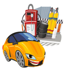 Cartoon street racing car vehicle pitstop pitzone on white background illustration for children