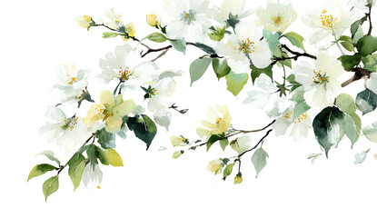 Obraz premium Delicate watercolor branch with white blossoms, vibrant green leaves against a dark backdrop