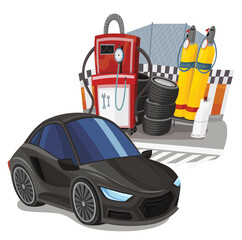 Cartoon street racing car vehicle pitstop pitzone on white background illustration for children