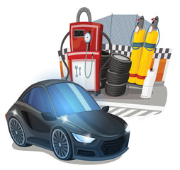 Cartoon street racing car vehicle pitstop pitzone on white background illustration for children